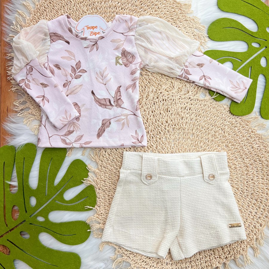 Conj. Blusa Folhagem  Manga Longa com Tule e Short - Rosa e Off White
